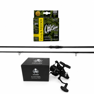 Zestaw Wędka Kraken Black Pearl Carp 11ft 3lbs 3cz + Kołowrotek Kraken Free Runner 4500 Wolny Bieg +  Żyłka MegaBAITS OBSESSION 2.0 Carp & FEEDER 300 m 0.30 mm/10.90 kg camou/4-kolor. jasna 